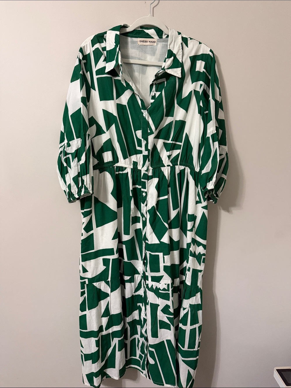 Green & White Geometric Midi Shirt Dress